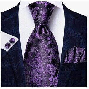 Tie Set Hi-Tie Mens Purple Flower Business Necktie Handkerchief Cufflinks